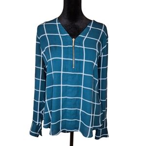 Express Teal Grid Print Half-Zip Blouse | Size L
